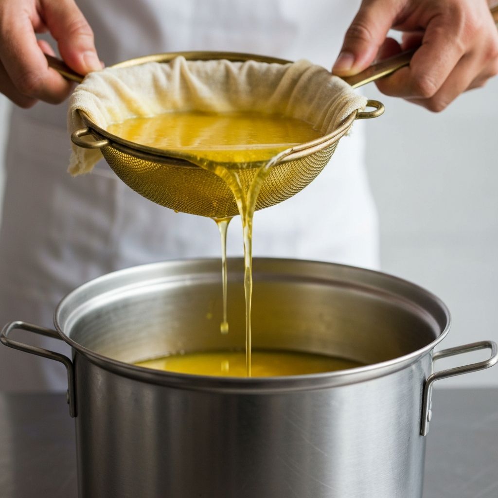 Ghee Filtering Through Cloth and Strainer