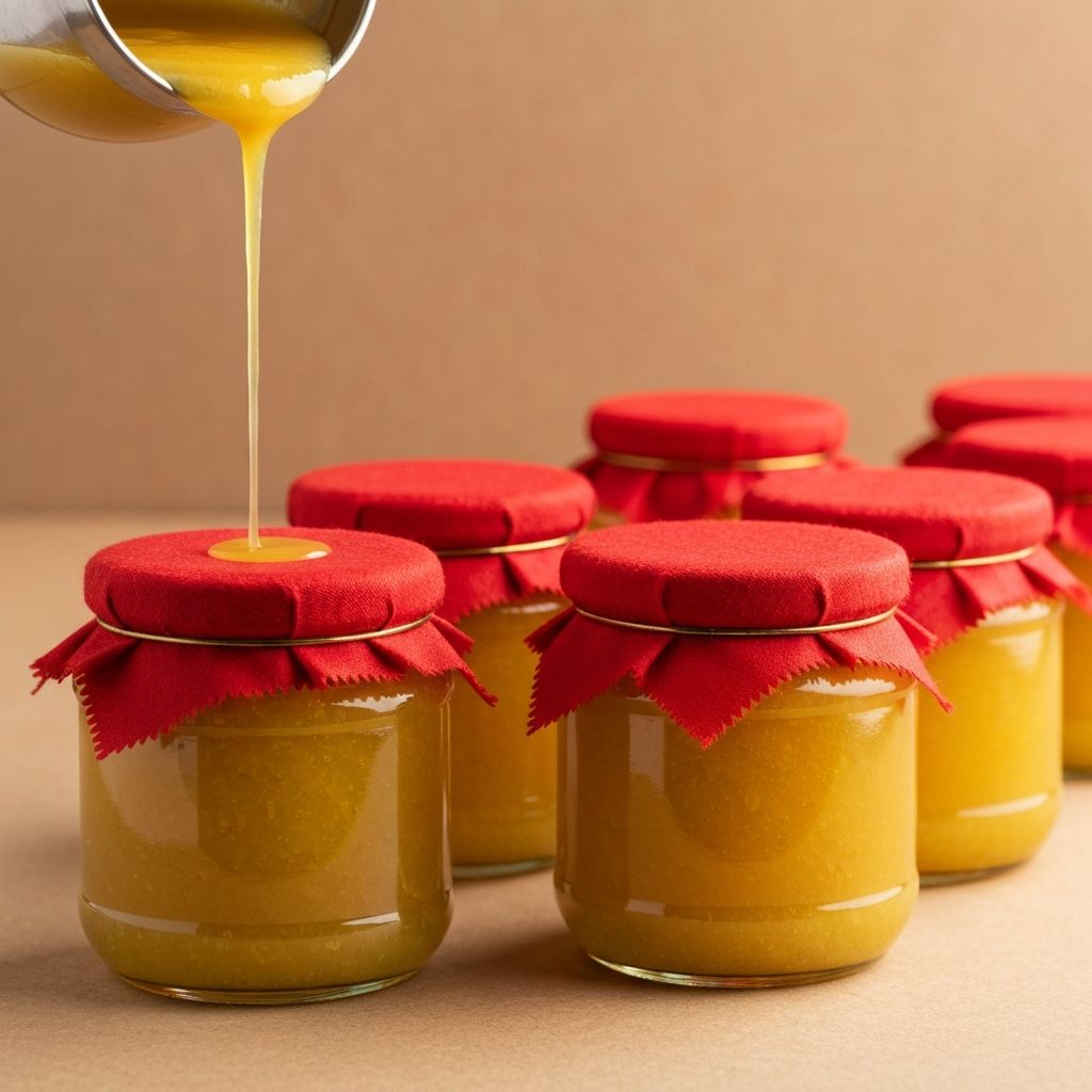 Ghee Being Poured into Glass Jar with Cap